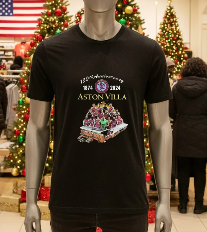 Aston Villa 150th Anniversary 1874-2024 black t-shirt.