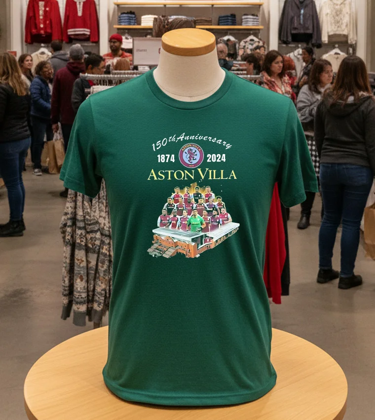 150Th Anniversary 1874 – 2024 Aston Villa - green-t-shirt Aston Villa 150th Anniversary green t-shirt, 1874-2024, celebrating the club's sesquicentennial.
