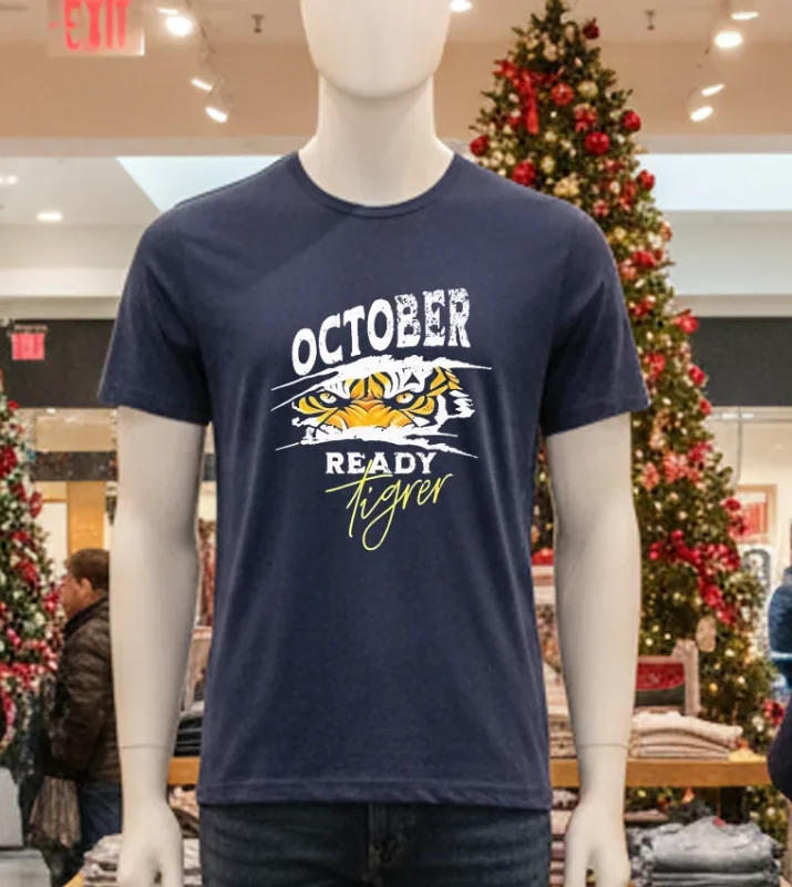 Retro navy t-shirt with "Ready Tigers" design, likely for October 2024.