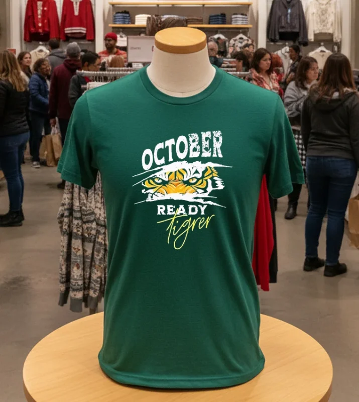 Retro green "Ready Tigers" t-shirt, October 2024 design.
