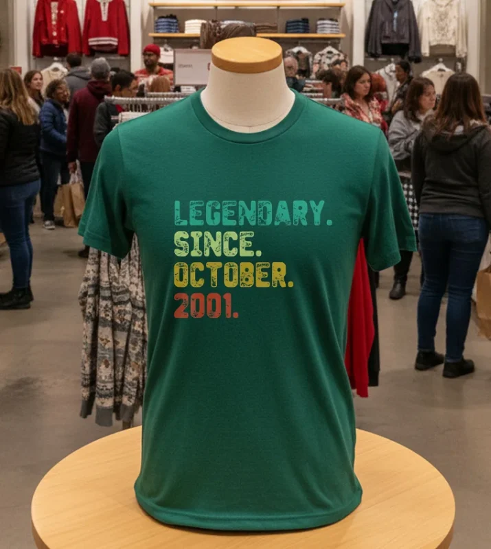 Green "21 Year Old Legend" t-shirt, October 2001 birth year.