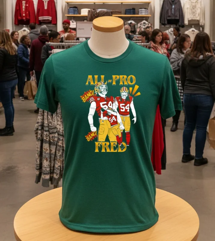 Fred Warner 49ers green t-shirt, number 54, "Bang Bang" design.