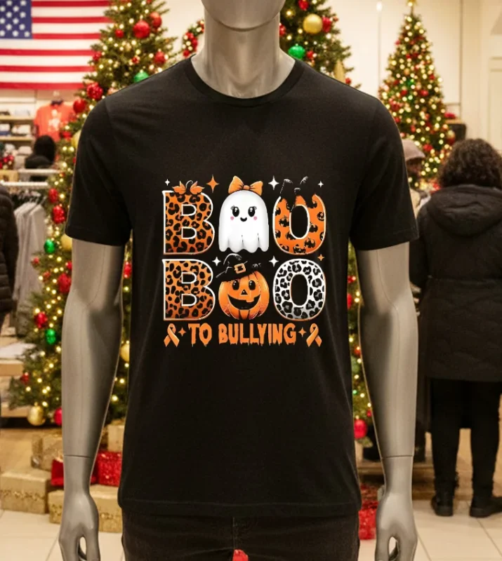 Boo To Bullying Halloween Orange Anti Bully Unity Day Ghost   Black T Shirt