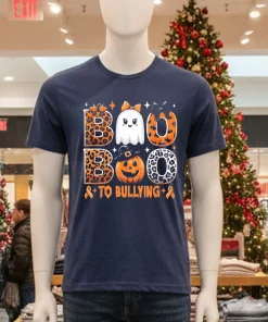 Boo To Bullying Halloween Orange Anti Bully Unity Day Ghost   Navy T Shirt