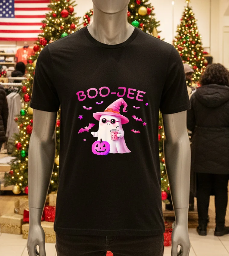 Boojee Ghost Cute Pink Halloween Design - black-t-shirt Boojee Ghost Cute Pink Halloween Design Black T Shirt
