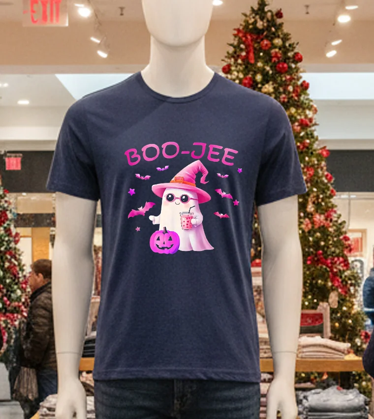 Boojee Ghost Cute Pink Halloween Design - navy-t-shirt Boojee Ghost Cute Pink Halloween Design Navy T Shirt