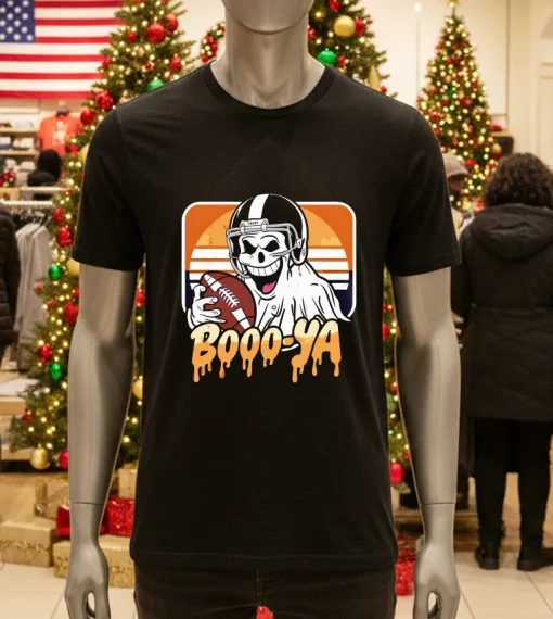 Boooya Spooky Ghost Halloween Football Vintage   Black T Shirt
