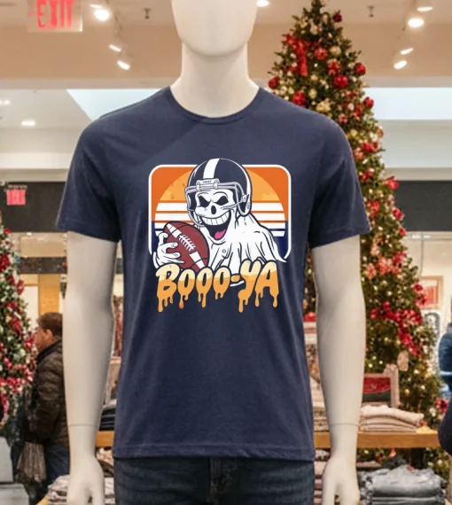Boooya Spooky Ghost Halloween Football Vintage   Navy T Shirt