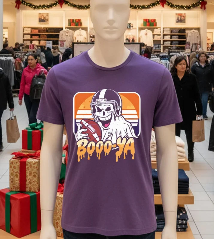 Boooya Spooky Ghost Halloween Football Vintage   Purple T Shirt