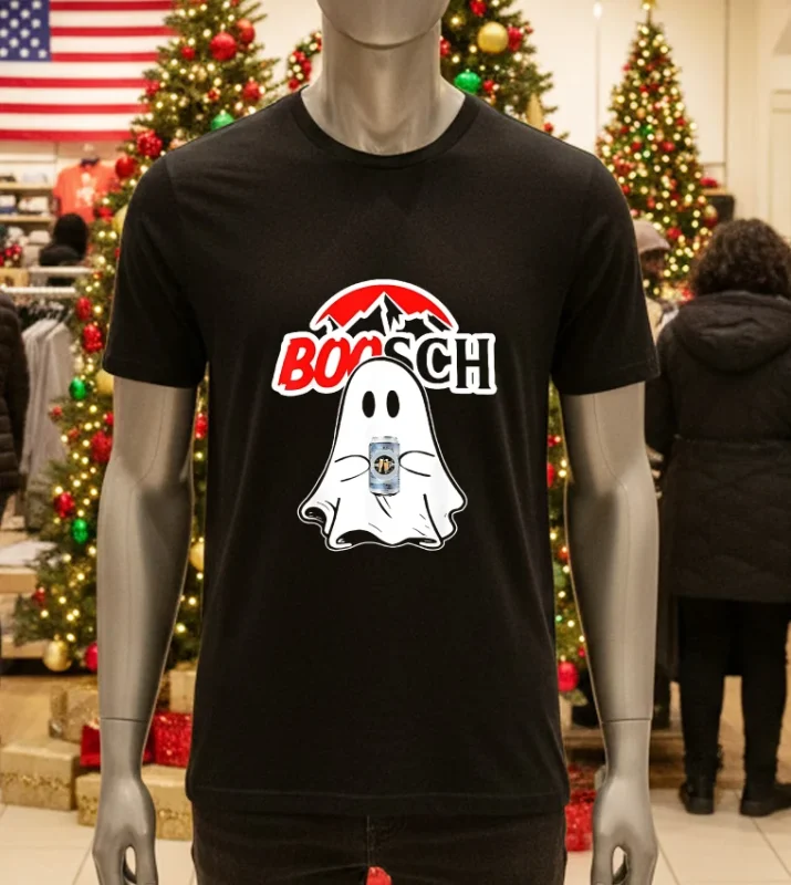 Booschbeer Halloween Funny Ghost Drinking Beer   Black T Shirt
