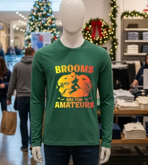 Brooms Are For Amateurs Hockey Stick Happy Halloween   Green T Shirt