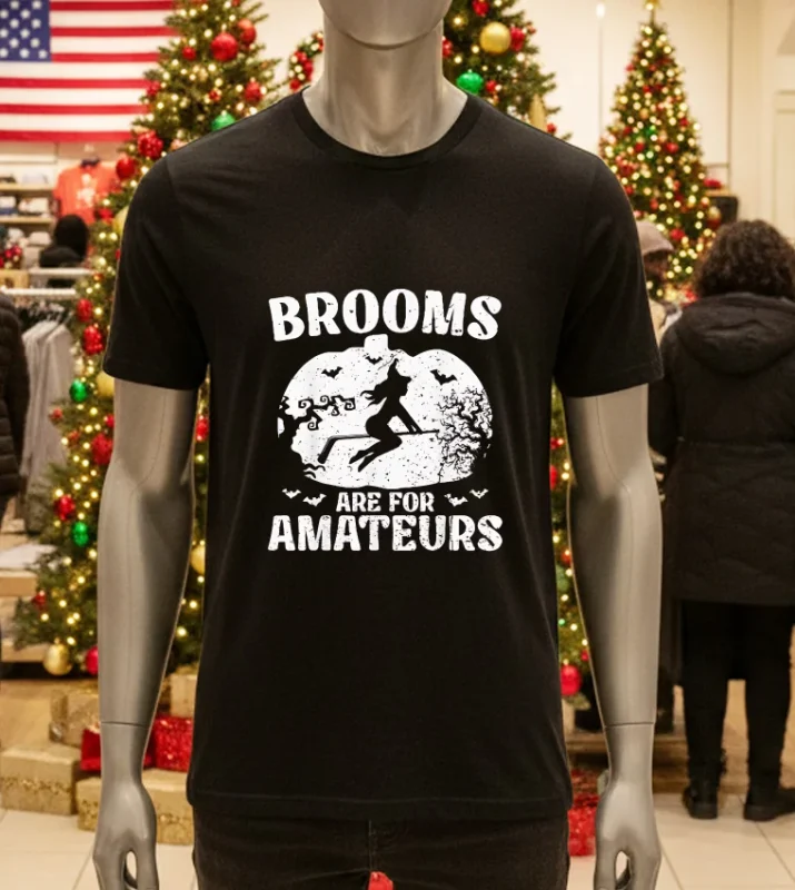 Brooms Are For Amateurs Hockey Stick Pumpkin   Black T Shirt
