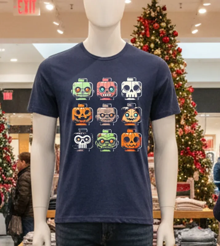 Building Brick Heads Horror Halloween Characters Mask Navy T Shirt