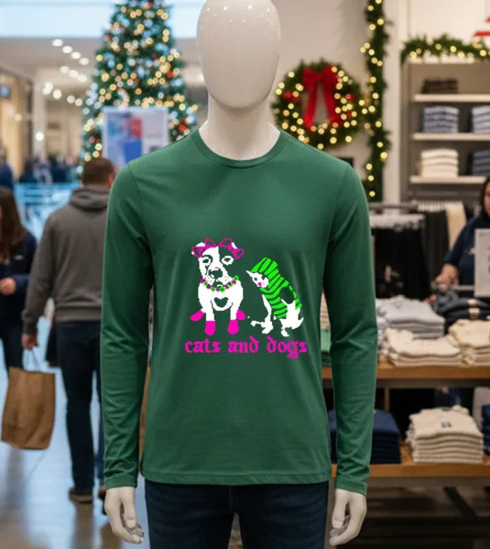 Cats And Dog Pixels Pets   Green T Shirt