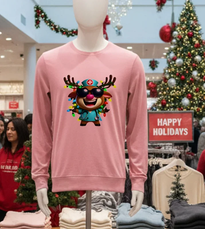 Christmas Nurse Reindeer Pink T Shirt