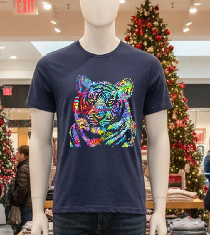 Cool Rainbow Neon Trippy Jungle Tiger   Navy T Shirt