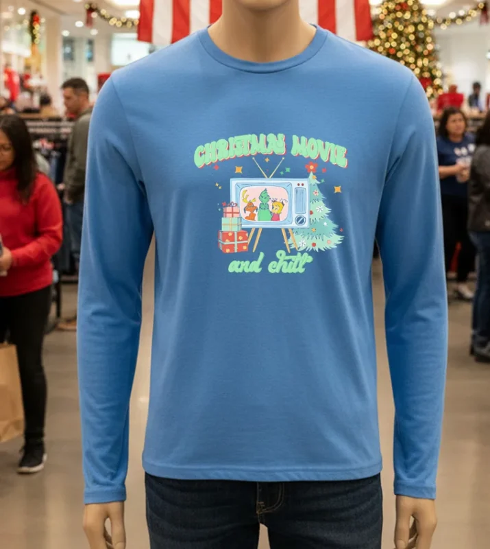 Cozy Up This Holiday Season With Our Christmas Movie And Chill   Blue T Shirt