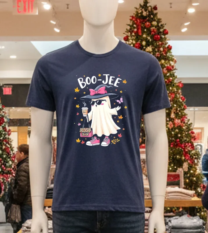 Cute Boo Jee Ghost Halloween 2024 Coffee Lover   Navy T Shirt