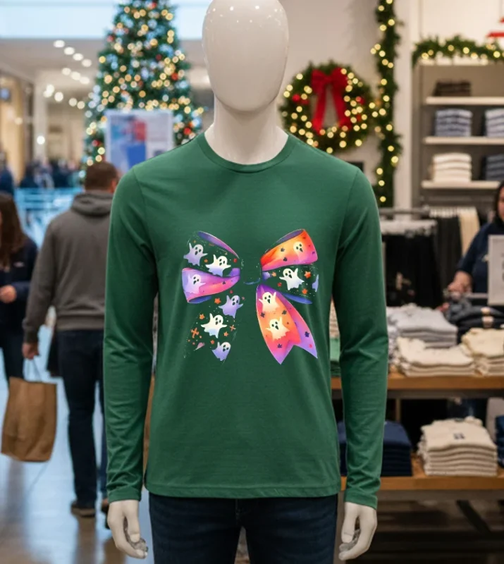 Cute Ghost Bow Coquette Halloween Spooky Season Wo Girls   Green T Shirt