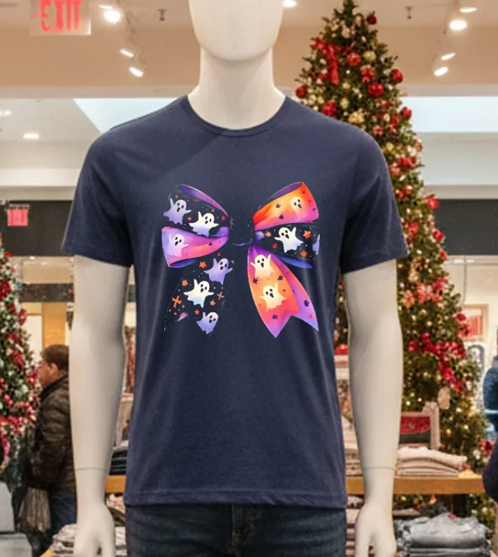 Cute Ghost Bow Coquette Halloween Spooky Season Wo Girls   Navy T Shirt