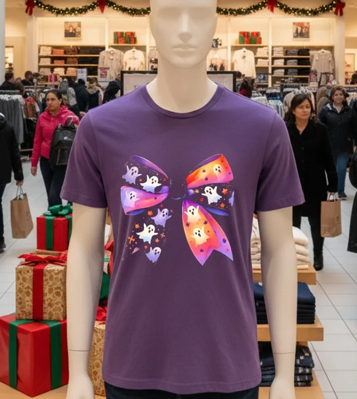 Cute Ghost Bow Coquette Halloween Spooky Season Wo Girls   Purple T Shirt