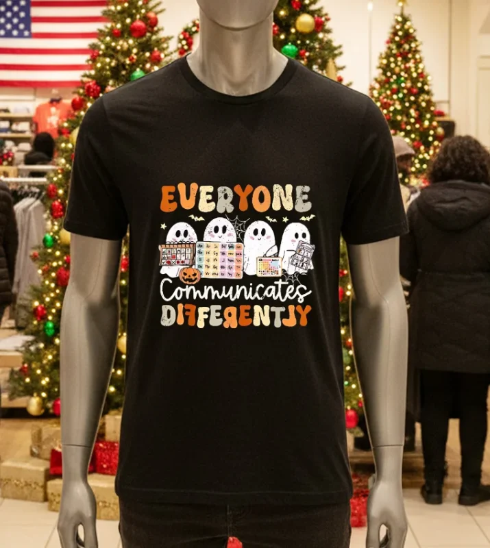Everyone Communicates Differently Halloween Slp Sped Teacher Black T Shirt