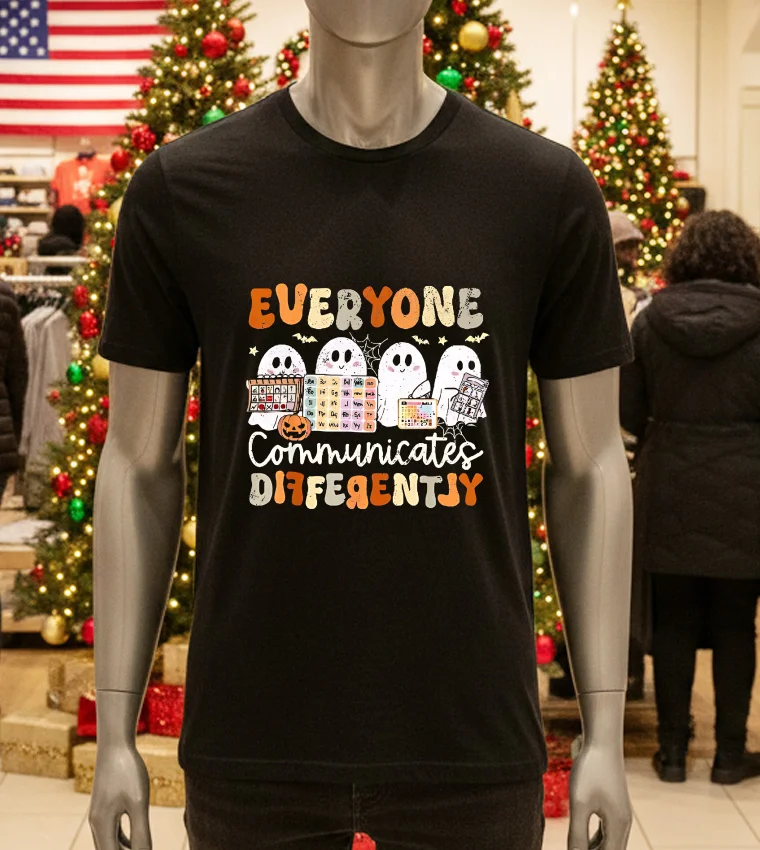 Everyone Communicates Differently Halloween Slp Sped Teacher - black-t-shirt Everyone Communicates Differently Halloween Slp Sped Teacher Black T Shirt
