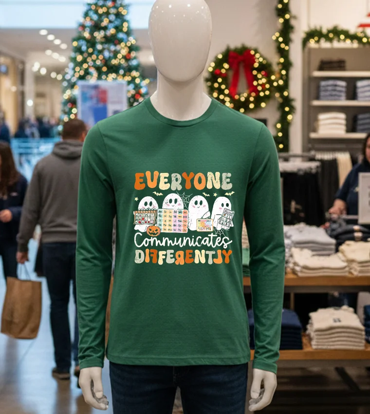 Everyone Communicates Differently Halloween Slp Sped Teacher - green-t-shirt Everyone Communicates Differently Halloween Slp Sped Teacher Green T Shirt