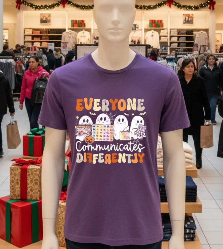 Everyone Communicates Differently Halloween Slp Sped Teacher Purple T Shirt
