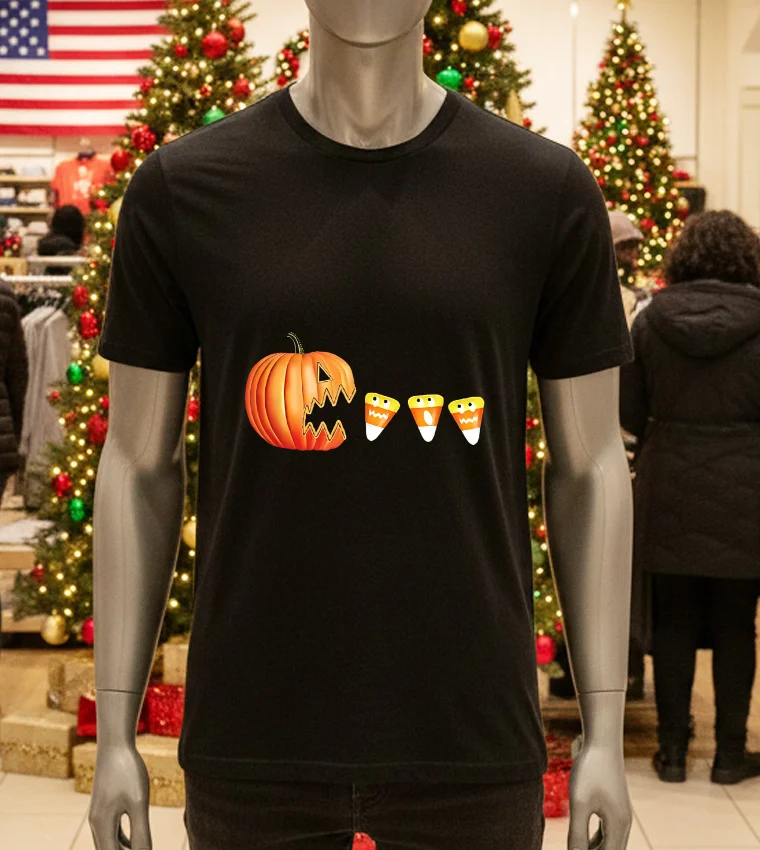 Funny Halloween Pumpkin Jack O Lantern Eating Candy Corn - black-t-shirt Funny Halloween Pumpkin Jack O Lantern Eating Candy Corn Black T Shirt