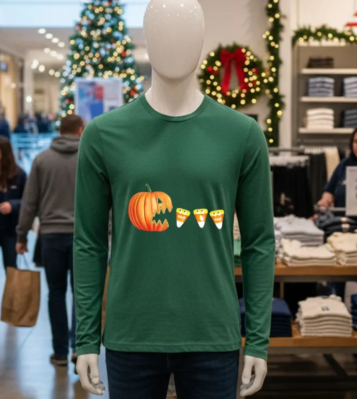Funny Halloween Pumpkin Jack O Lantern Eating Candy Corn Green T Shirt