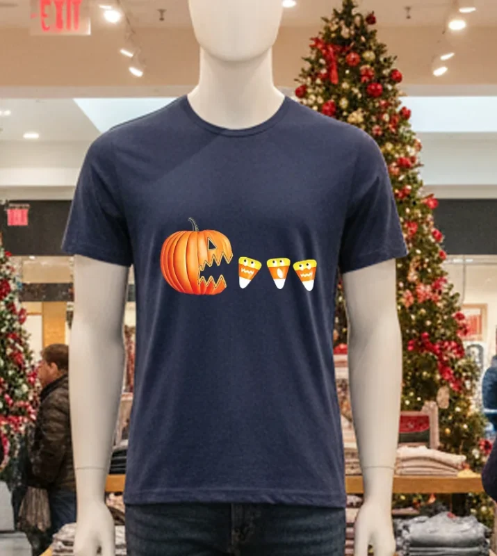 Funny Halloween Pumpkin Jack O Lantern Eating Candy Corn Navy T Shirt