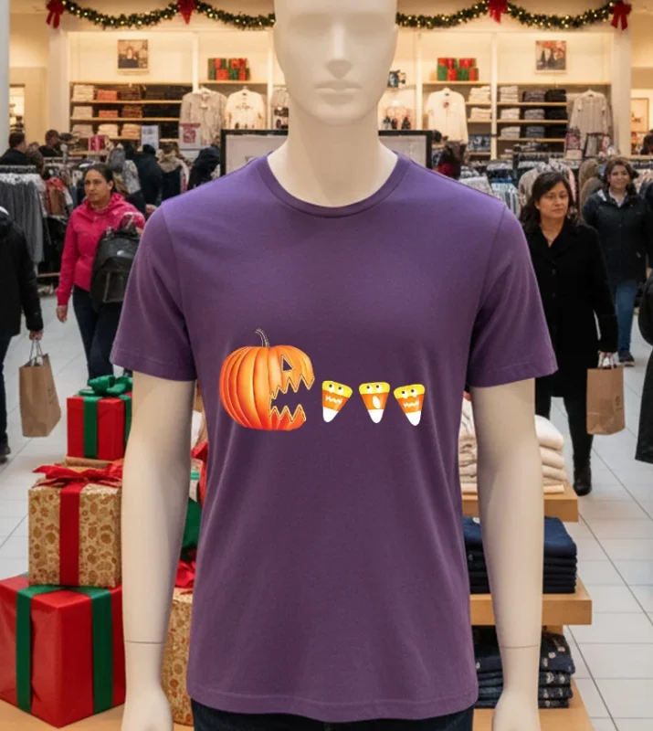 Funny Halloween Pumpkin Jack O Lantern Eating Candy Corn Purple T Shirt