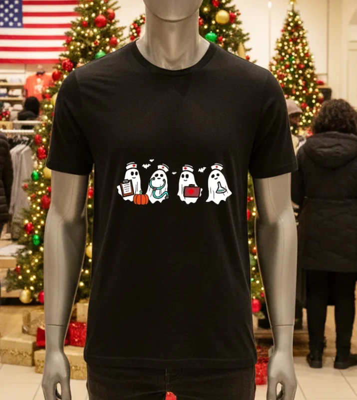 Ghost Nurses Halloween Crew Funny Costume Scrub Black T Shirt