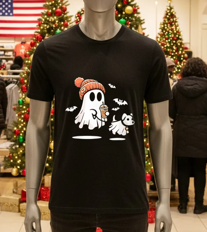 Ghost With Walking Dog Halloween   Black T Shirt