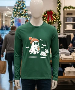 Ghost With Walking Dog Halloween   Green T Shirt