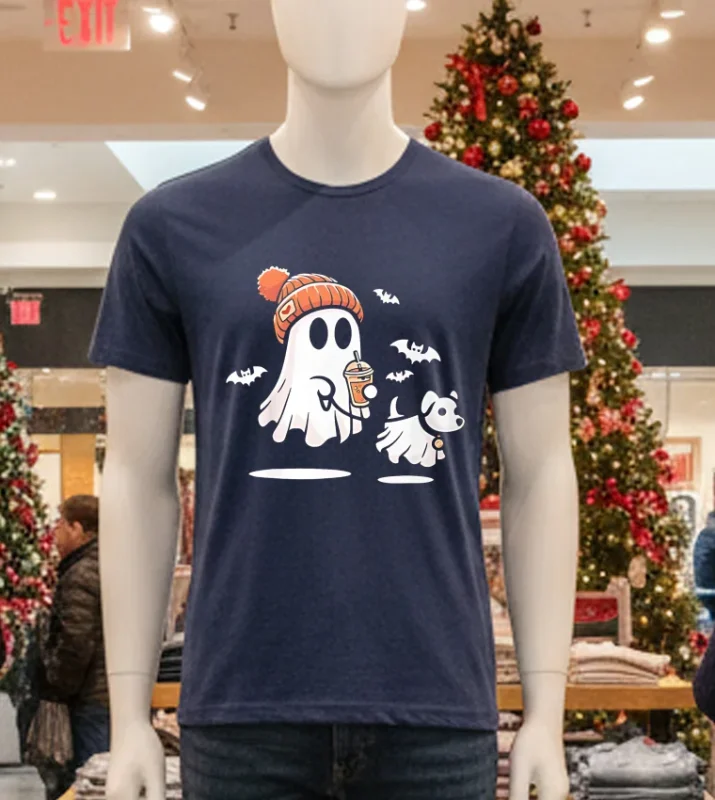 Ghost With Walking Dog Halloween   Navy T Shirt