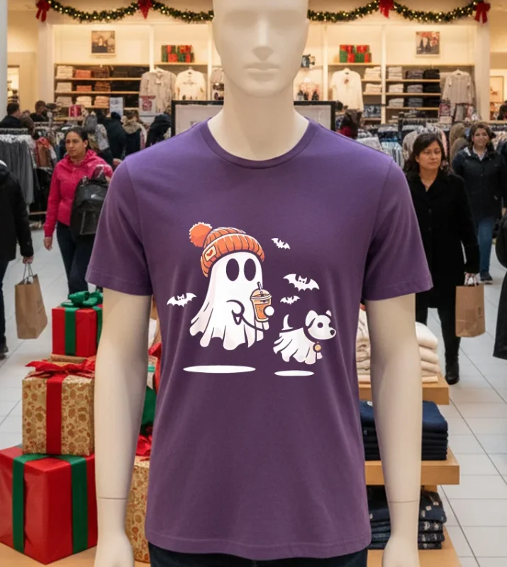 Ghost With Walking Dog Halloween Purple T Shirt