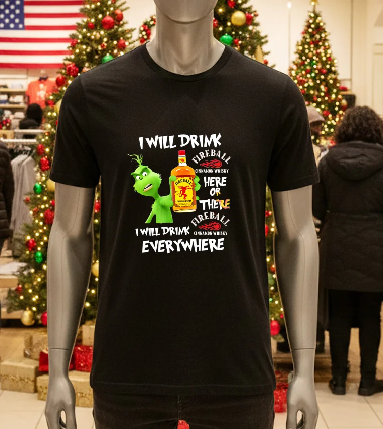 Grinch Fireball Cinnamon Whisky Playfully Printed Design For Whisky Lovers - black-t-shirt Grinch Fireball Cinnamon Whisky Playfully Printed Design For Whisky Lovers Black T Shirt