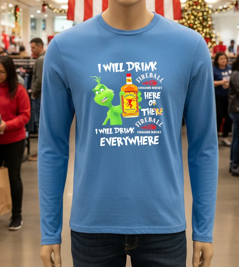 Grinch Fireball Cinnamon Whisky Playfully Printed Design For Whisky Lovers - blue-t-shirt Grinch Fireball Cinnamon Whisky Playfully Printed Design For Whisky Lovers Blue T Shirt