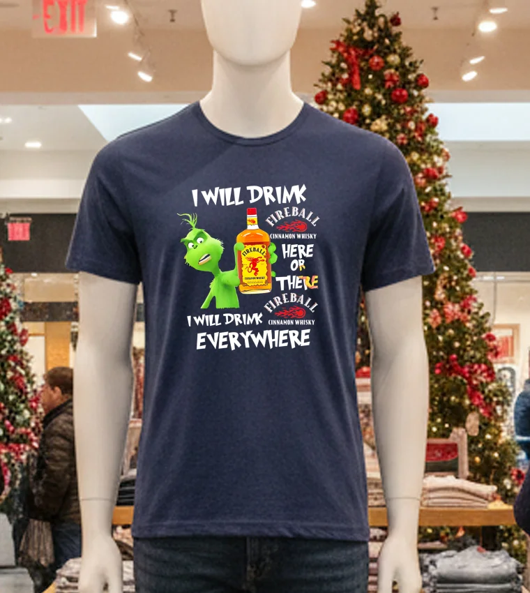 Grinch Fireball Cinnamon Whisky Playfully Printed Design For Whisky Lovers - navy-t-shirt Grinch Fireball Cinnamon Whisky Playfully Printed Design For Whisky Lovers Navy T Shirt