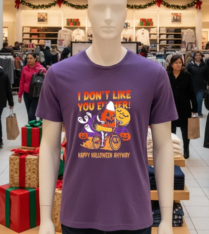 Halloween Costume Team Candy Corn I Don T Like You Either   Purple T Shirt