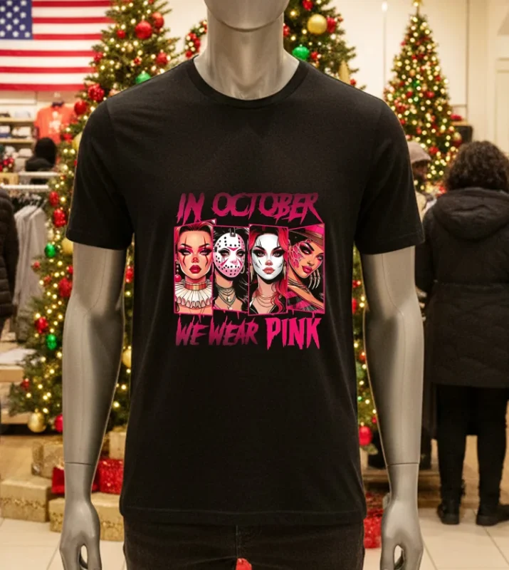 Horror Girl We Wear Pink In October Breast Cancer Awareness   Black T Shirt