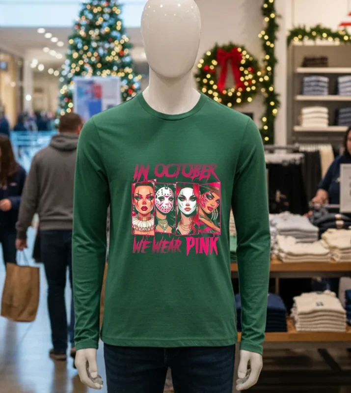 Horror Girl We Wear Pink In October Breast Cancer Awareness   Green T Shirt