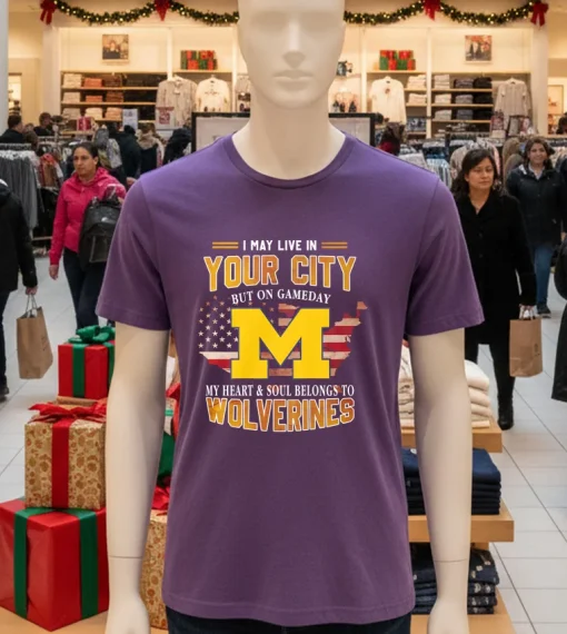 I May Live In Your City But On Game Day Wolverines Retro   Purple T Shirt