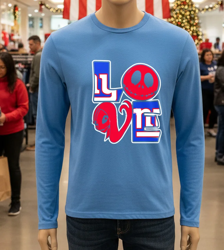 Jack Skellington And Sally Fan New York Giants - blue-t-shirt Jack Skellington And Sally Fan New York Giants Blue T Shirt