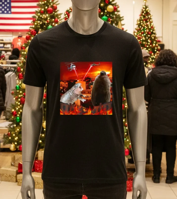 Moo Deng And Pesto Battle Destroy City Fire Scene   Black T Shirt