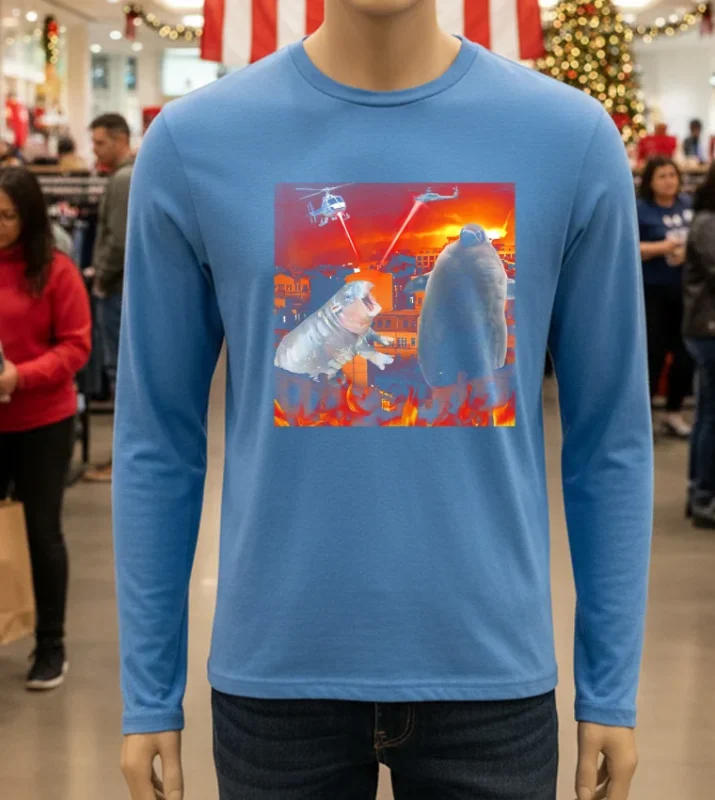 Moo Deng And Pesto Battle Destroy City Fire Scene   Blue T Shirt