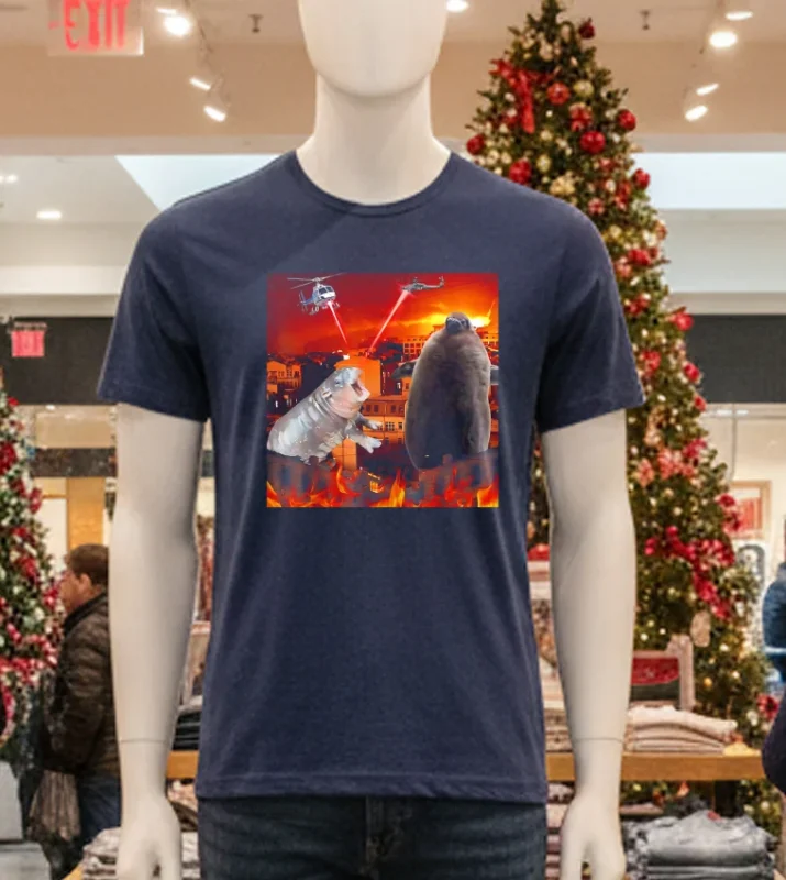 Moo Deng And Pesto Battle Destroy City Fire Scene   Navy T Shirt
