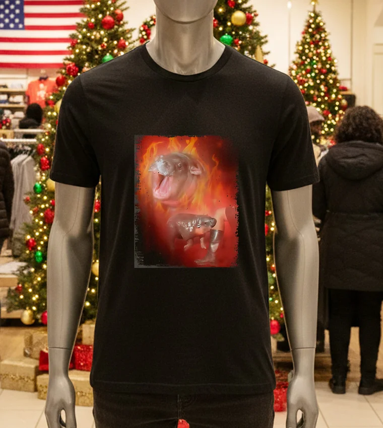 Moo Deng Bouncy Pig In Thai Fire Picture The Cute Baby Hippo - black-t-shirt Moo Deng Bouncy Pig In Thai Fire Picture The Cute Baby Hippo Black T Shirt